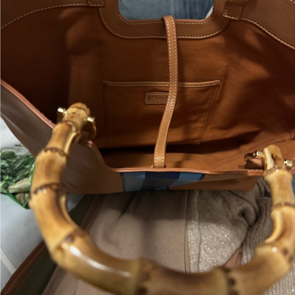 Brown Leather Tote Bag with Bamboo Handles